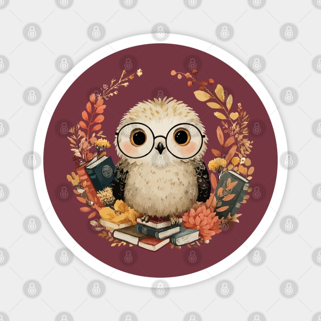 Wise Owl Scholar in a Floral Wreath - Dark Academia Folk Art Magnet by TuncGK